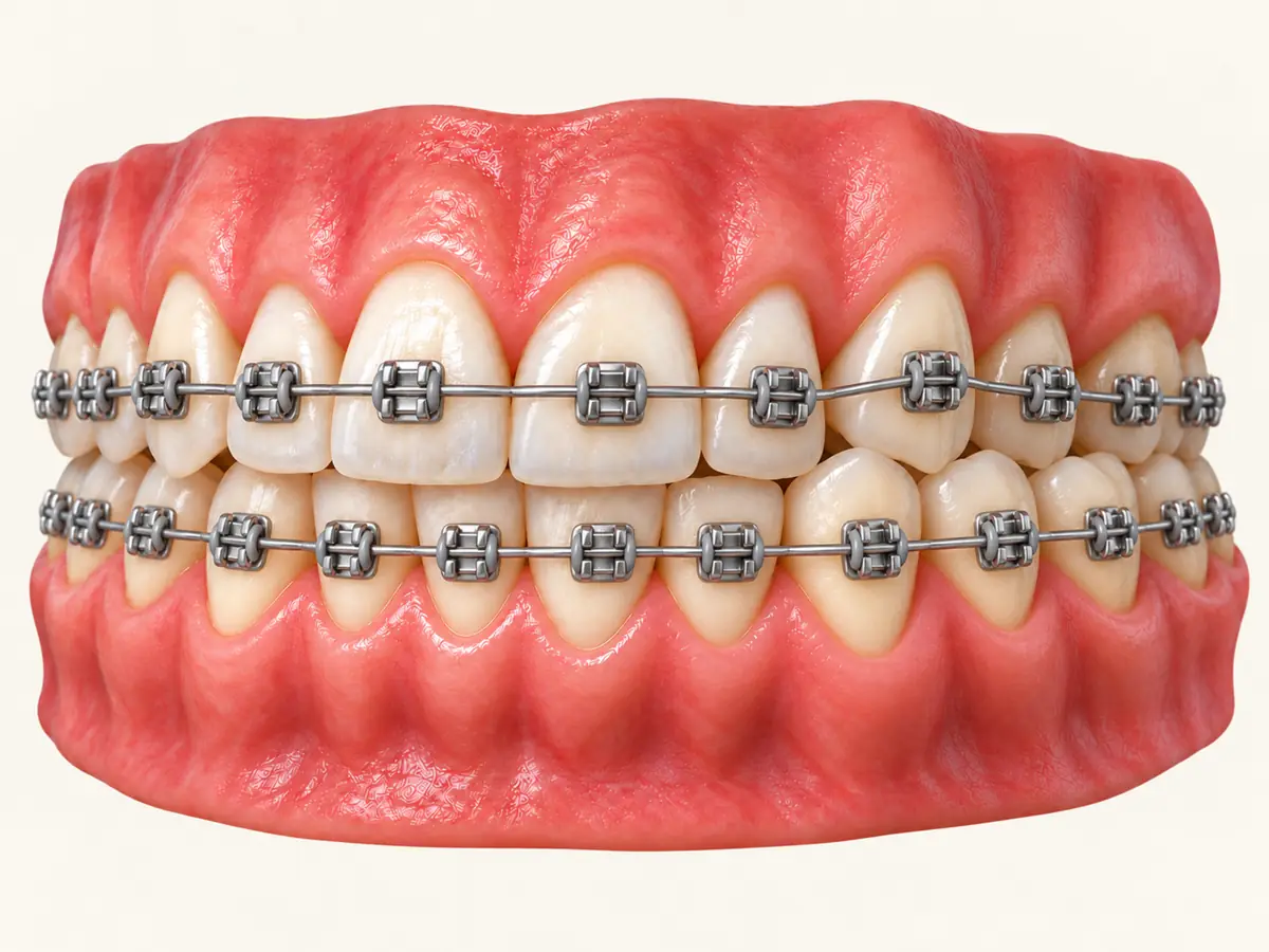Crossbite, with braces (illustration)