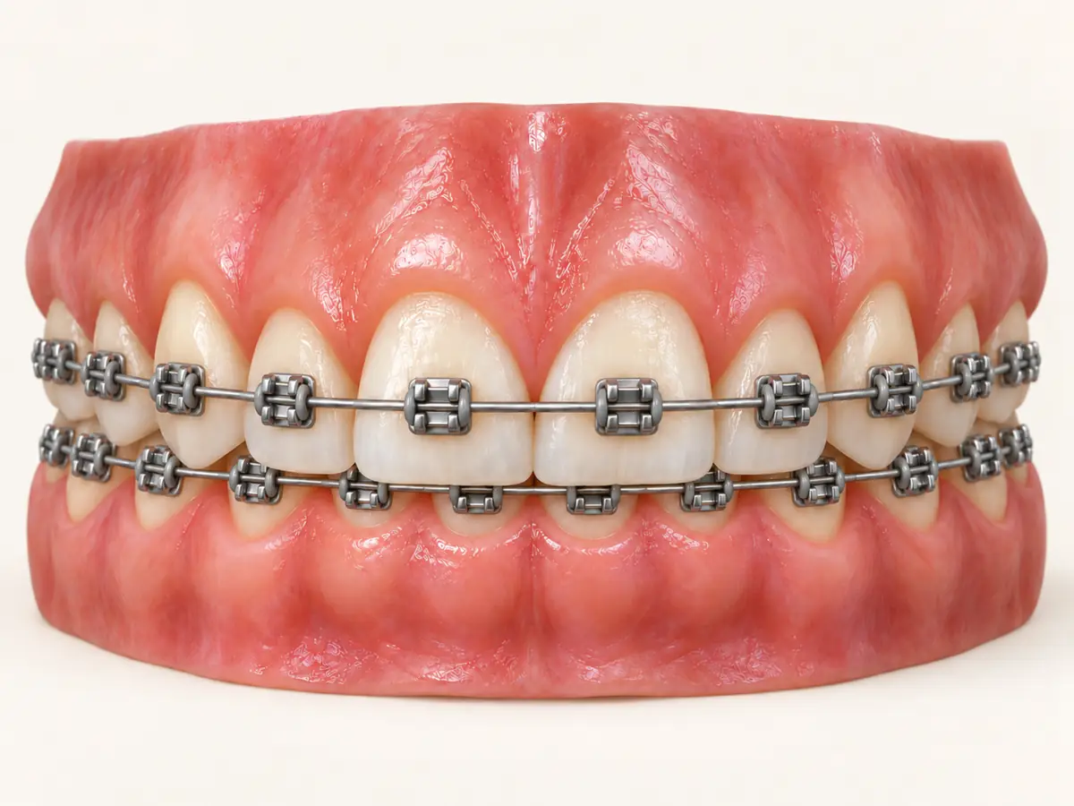 Deep bite, with braces (illustration)