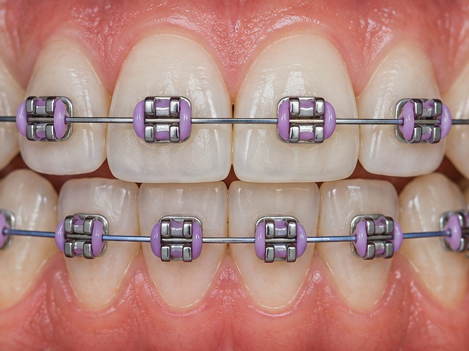 Metal braces with coloured ties on upper and lower teeth