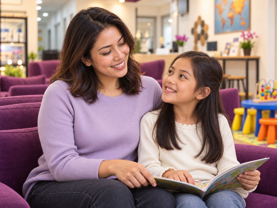 Smiling mother and daughter in a Dental Suite clinic waiting area (illustrative photo).