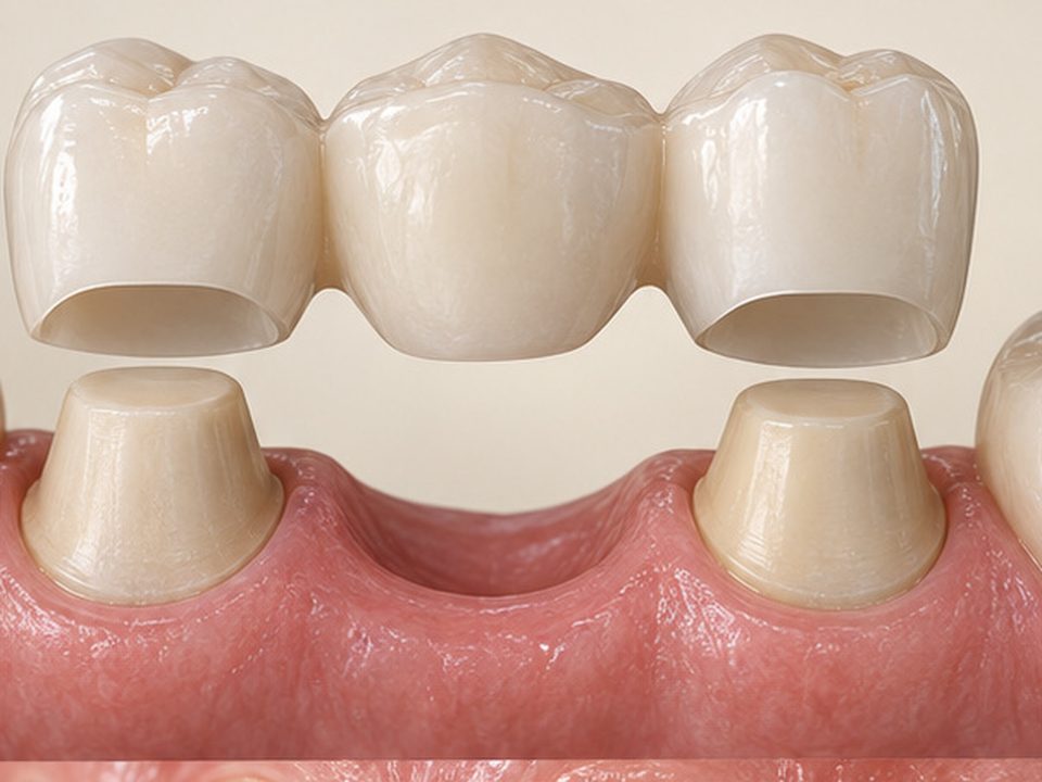 Illustration of a dental bridge fitted over two prepared teeth