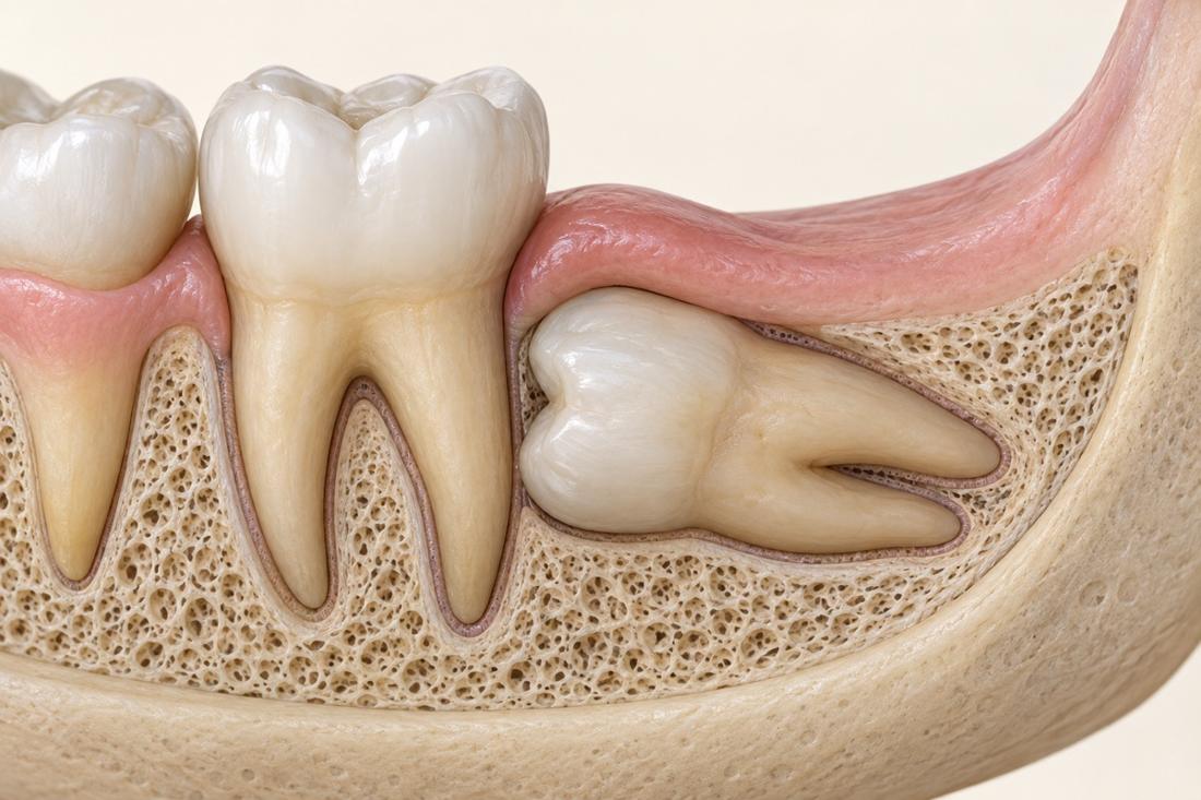 Illustration of a sideways impacted wisdom tooth