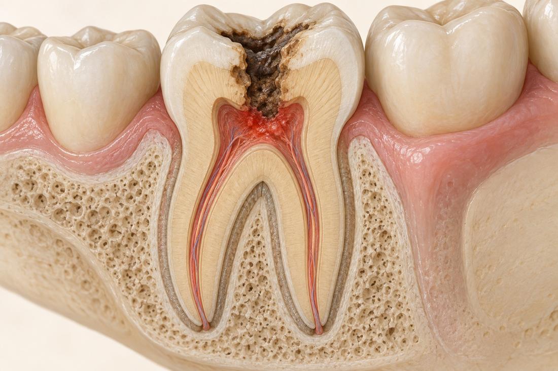 Illustration of deep decay extending toward the nerve