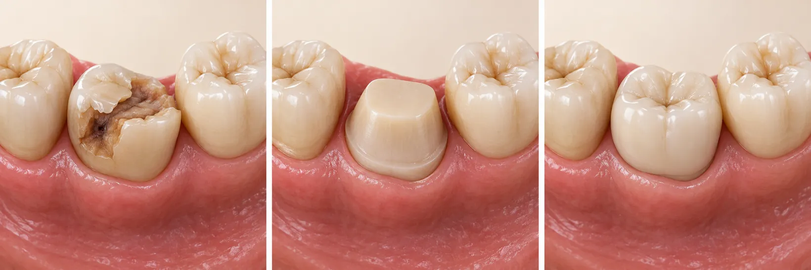 Three-step illustration of a dental crown: a damaged tooth, the tooth after shaping, and the crown fitted over it.