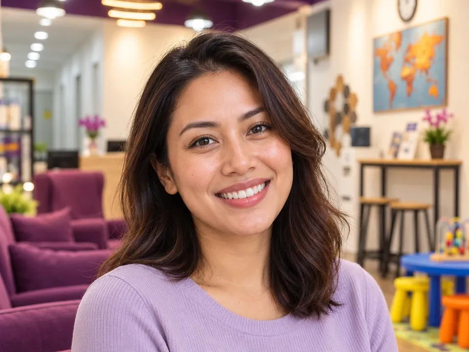 Smiling woman in a lilac top at a Dental Suite clinic (illustrative photo).